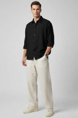 Bilek Manşetli Tensel Erkek Gömlek Siyah - Erkek Gömlek