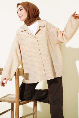 Bilek Manşetsiz İnce Çizgili Gömlek Bej - VAV TEKSTİL