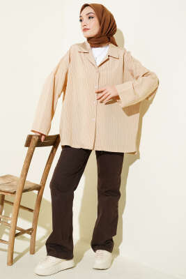 Bilek Manşetsiz İnce Çizgili Gömlek Bej - Gömlek