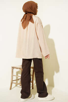 Bilek Manşetsiz İnce Çizgili Gömlek Bej - Gömlek