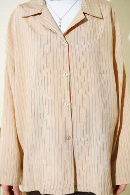 Bilek Manşetsiz İnce Çizgili Gömlek Bej - Gömlek