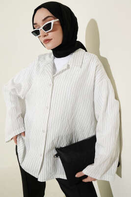 Bilek Manşetsiz İnce Çizgili Gömlek Beyaz - VAV TEKSTİL