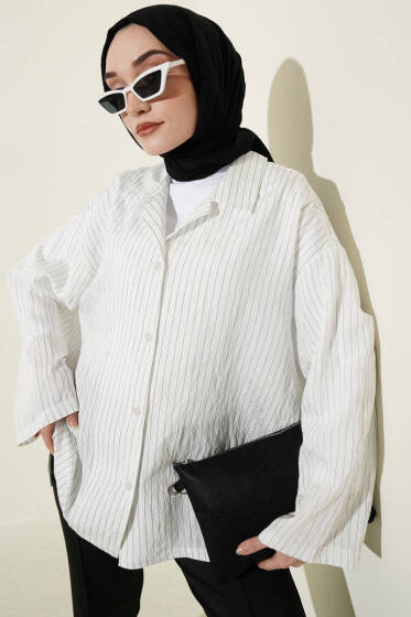 Bilek Manşetsiz İnce Çizgili Gömlek Beyaz - Gömlek