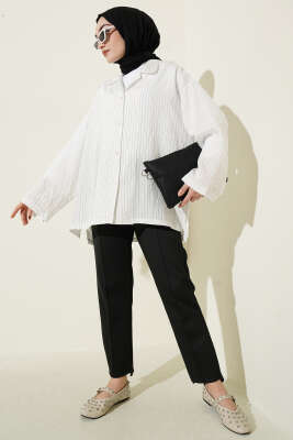 Bilek Manşetsiz İnce Çizgili Gömlek Beyaz - Gömlek