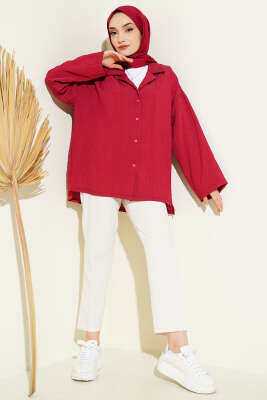 Bilek Manşetsiz İnce Çizgili Gömlek Bordo - Gömlek