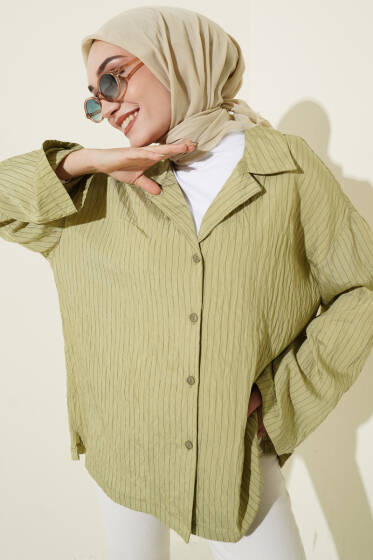 Bilek Manşetsiz İnce Çizgili Gömlek Çağla Yeşili - Gömlek