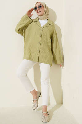 Bilek Manşetsiz İnce Çizgili Gömlek Çağla Yeşili - Gömlek