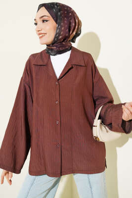 Bilek Manşetsiz İnce Çizgili Gömlek Kahve - VAV TEKSTİL
