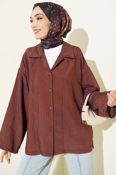 Bilek Manşetsiz İnce Çizgili Gömlek Kahve - Gömlek