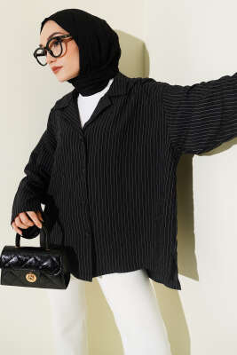 Bilek Manşetsiz İnce Çizgili Gömlek Siyah - VAV TEKSTİL