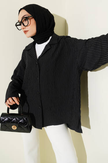 Bilek Manşetsiz İnce Çizgili Gömlek Siyah - Gömlek