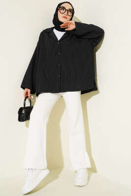 Bilek Manşetsiz İnce Çizgili Gömlek Siyah - Gömlek