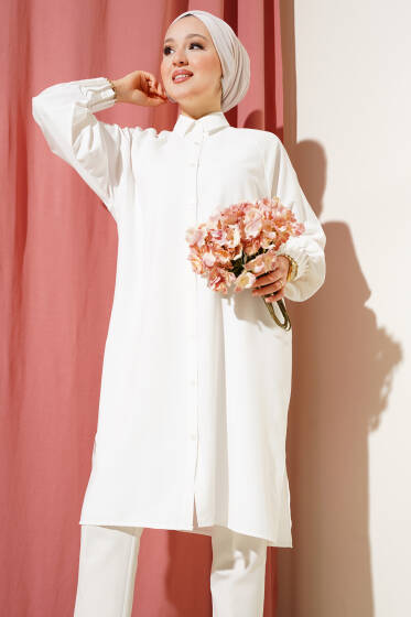 Bilek Nervürlü Uzun Gömlek Beyaz - Gömlek