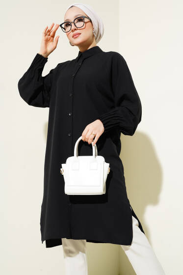 Bilek Nervürlü Uzun Gömlek Siyah - Gömlek