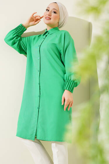 Bilek Nervürlü Uzun Gömlek Yeşil - Gömlek