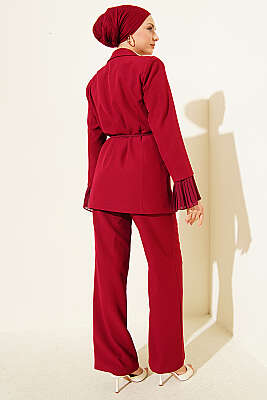 Bilek Pileli Çiçek Broşlu Blazer Takım Bordo - İkili Takım