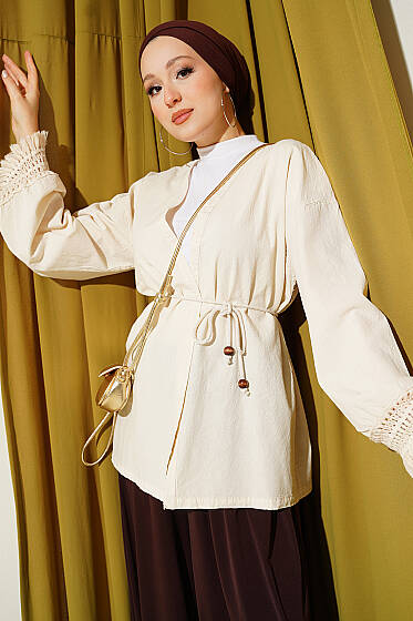 Bilek Püsküllü Keten Kimono Krem - Dış Giyim&Mont
