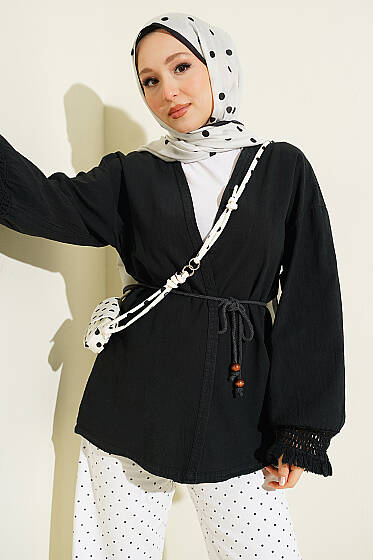 Bilek Püsküllü Keten Kimono Siyah - Dış Giyim&Mont