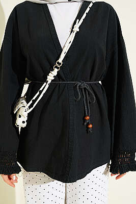 Bilek Püsküllü Keten Kimono Siyah - Dış Giyim&Mont