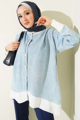 Bilek Ribanalı Düğmeli Kot Tunik Buz Mavisi - POLO LIVE