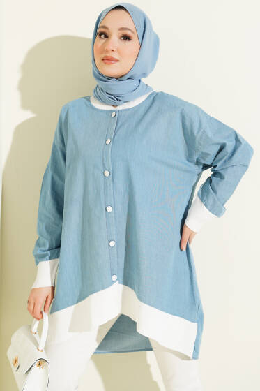 Bilek Ribanalı Düğmeli Kot Tunik Kot Mavisi - Tunik