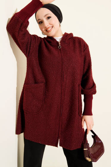 Bilek Ribanalı Fermuarlı Buklet Hırka Bordo - 700-1000 TL Ürünler