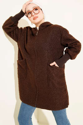 Bilek Ribanalı Fermuarlı Buklet Hırka Kahve 