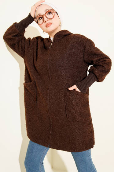 Bilek Ribanalı Fermuarlı Buklet Hırka Kahve - Hırka