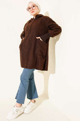 Bilek Ribanalı Fermuarlı Buklet Hırka Kahve - Hırka