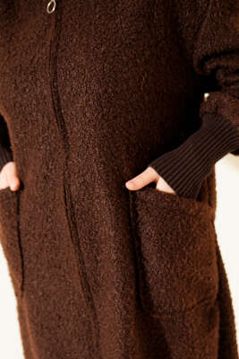 Bilek Ribanalı Fermuarlı Buklet Hırka Kahve - Hırka