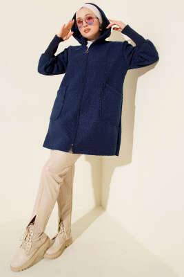 Bilek Ribanalı Fermuarlı Buklet Hırka Lacivert - Hırka