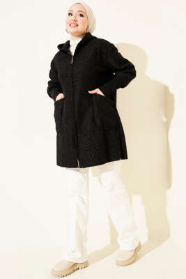 Bilek Ribanalı Fermuarlı Buklet Hırka Siyah - Hırka