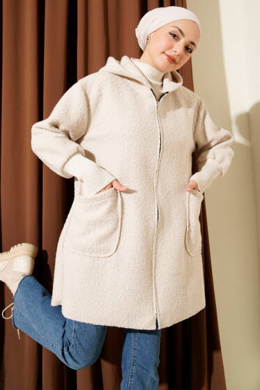 Bilek Ribanalı Kapüşonlu Buklet Hırka Bej - Hırka