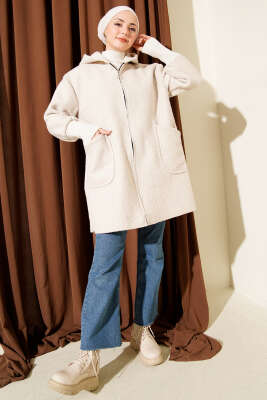 Bilek Ribanalı Kapüşonlu Buklet Hırka Bej - Hırka