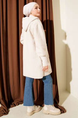 Bilek Ribanalı Kapüşonlu Buklet Hırka Bej - Hırka