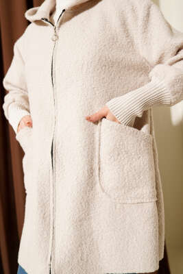 Bilek Ribanalı Kapüşonlu Buklet Hırka Bej - Hırka