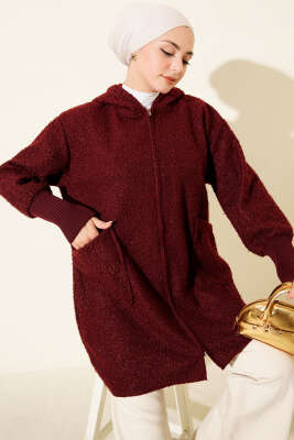 Bilek Ribanalı Kapüşonlu Buklet Hırka Bordo - MUSTİ