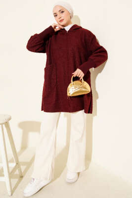 Bilek Ribanalı Kapüşonlu Buklet Hırka Bordo - Hırka