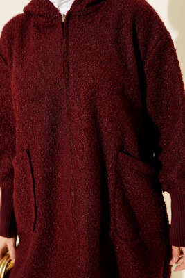 Bilek Ribanalı Kapüşonlu Buklet Hırka Bordo - Hırka