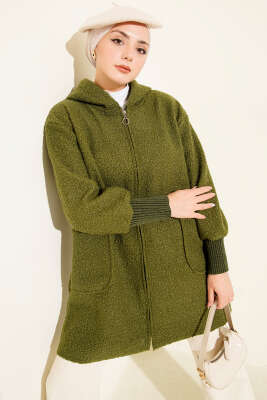 Bilek Ribanalı Kapüşonlu Buklet Hırka Haki - MUSTİ