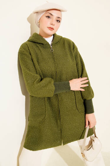 Bilek Ribanalı Kapüşonlu Buklet Hırka Haki - Hırka