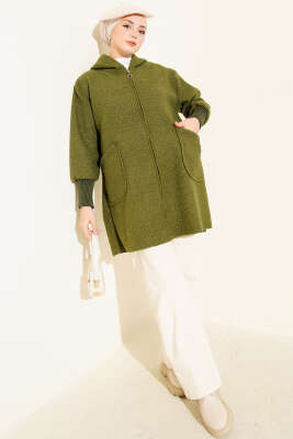 Bilek Ribanalı Kapüşonlu Buklet Hırka Haki - Hırka