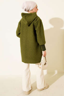 Bilek Ribanalı Kapüşonlu Buklet Hırka Haki - Hırka