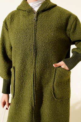 Bilek Ribanalı Kapüşonlu Buklet Hırka Haki - Hırka