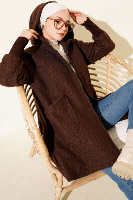 Bilek Ribanalı Kapüşonlu Buklet Hırka Kahve - MUSTİ