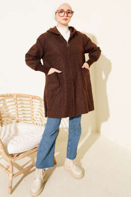 Bilek Ribanalı Kapüşonlu Buklet Hırka Kahve - Hırka