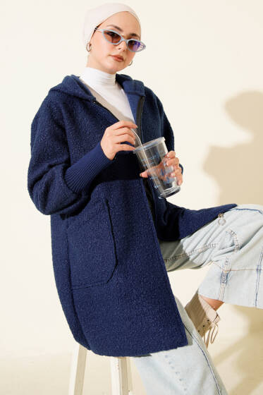 Bilek Ribanalı Kapüşonlu Buklet Hırka Lacivert - Hırka