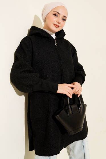 Bilek Ribanalı Kapüşonlu Buklet Hırka Siyah - Hırka