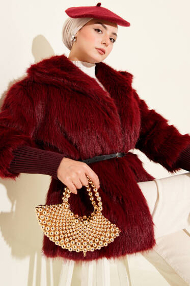 Bilek Ribanalı Kürklü Mont Bordo - Mont