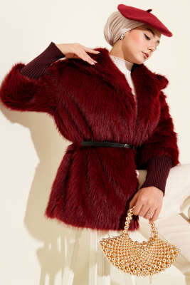 Bilek Ribanalı Kürklü Mont Bordo - Mont